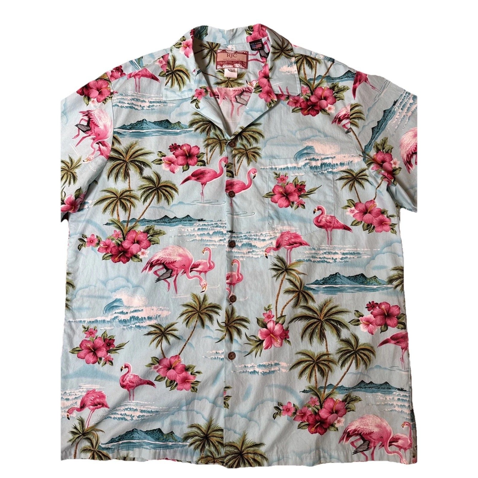 Rjc Hawaiian Shirt Mens Xl Pink Flamingo Palm Print Blue Aloha Camp Made In Usa